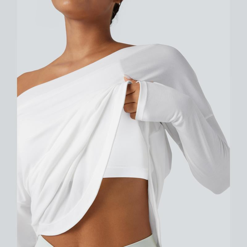 Halara One Shoulder Long Sleeve Thumb Hole Curved Hem High Low Quick Dry Yoga Sports Top-Built-In Bra
