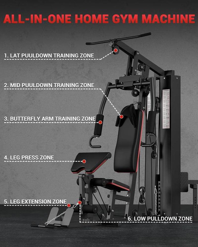 【Christmas Gift】Full Body Workout Machine with 150LBS Weight Stack, All in One Exercise Station with Preacher Curl Pad, Leg Developer for Strength Training Multifunctional Home Gym Lat Pulldown Bar