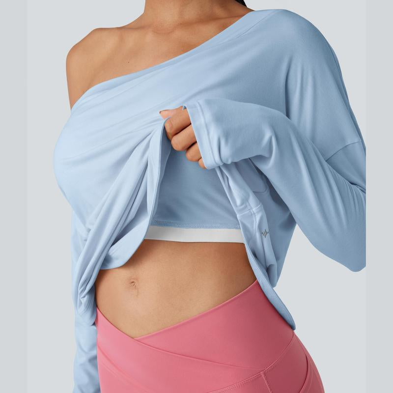 Halara One Shoulder Long Sleeve Thumb Hole Curved Hem High Low Quick Dry Yoga Sports Top-Built-In Bra