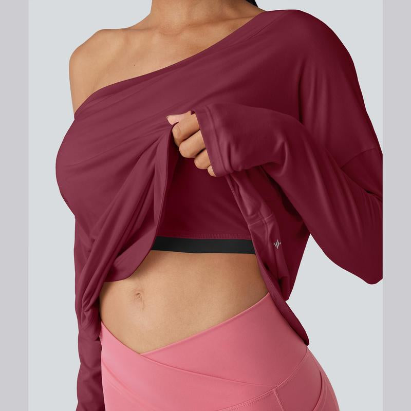 Halara One Shoulder Long Sleeve Thumb Hole Curved Hem High Low Quick Dry Yoga Sports Top-Built-In Bra