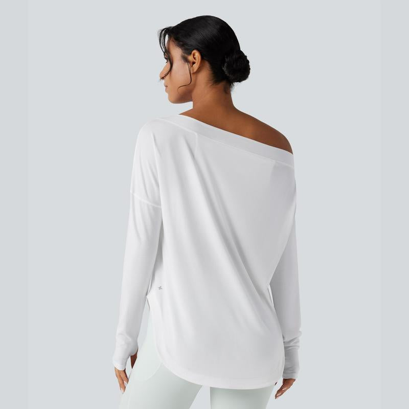 Halara One Shoulder Long Sleeve Thumb Hole Curved Hem High Low Quick Dry Yoga Sports Top-Built-In Bra