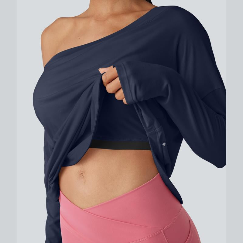 Halara One Shoulder Long Sleeve Thumb Hole Curved Hem High Low Quick Dry Yoga Sports Top-Built-In Bra