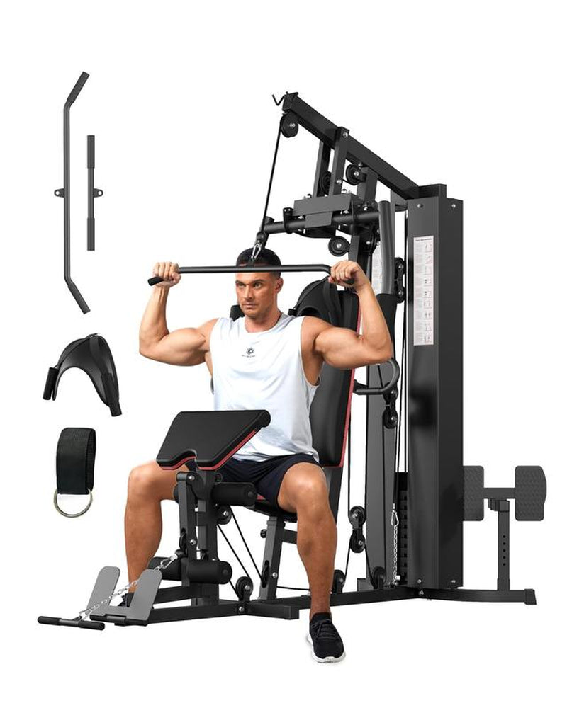 【Christmas Gift】Full Body Workout Machine with 150LBS Weight Stack, All in One Exercise Station with Preacher Curl Pad, Leg Developer for Strength Training Multifunctional Home Gym Lat Pulldown Bar