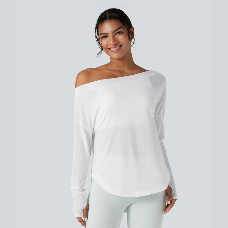 Halara One Shoulder Long Sleeve Thumb Hole Curved Hem High Low Quick Dry Yoga Sports Top-Built-In Bra