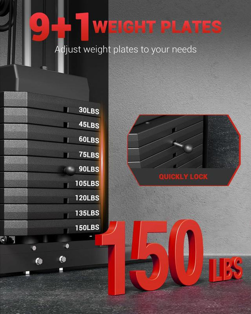 【Christmas Gift】Full Body Workout Machine with 150LBS Weight Stack, All in One Exercise Station with Preacher Curl Pad, Leg Developer for Strength Training Multifunctional Home Gym Lat Pulldown Bar
