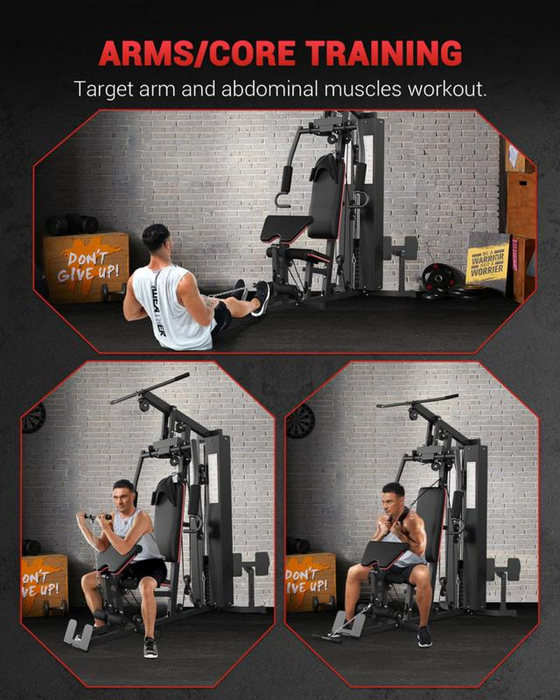 【Christmas Gift】Full Body Workout Machine with 150LBS Weight Stack, All in One Exercise Station with Preacher Curl Pad, Leg Developer for Strength Training Multifunctional Home Gym Lat Pulldown Bar