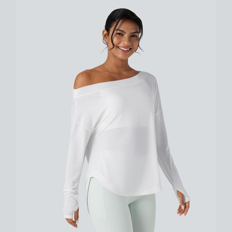 Halara One Shoulder Long Sleeve Thumb Hole Curved Hem High Low Quick Dry Yoga Sports Top-Built-In Bra