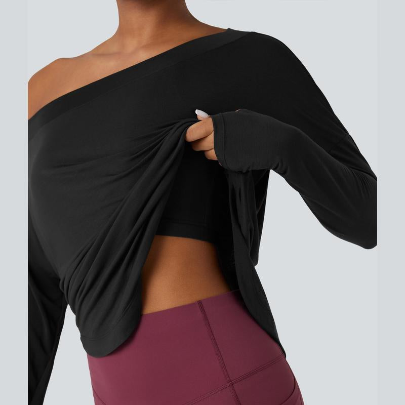 Halara One Shoulder Long Sleeve Thumb Hole Curved Hem High Low Quick Dry Yoga Sports Top-Built-In Bra
