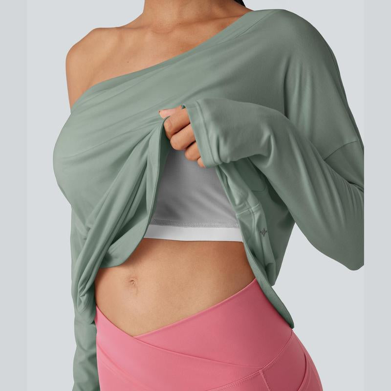 Halara One Shoulder Long Sleeve Thumb Hole Curved Hem High Low Quick Dry Yoga Sports Top-Built-In Bra