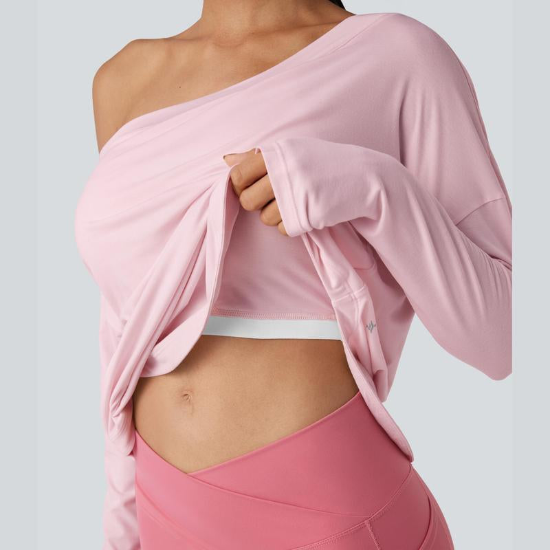 Halara One Shoulder Long Sleeve Thumb Hole Curved Hem High Low Quick Dry Yoga Sports Top-Built-In Bra